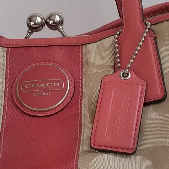 Coach Signature Stripe Kiss Lock Coral & Beige Frame Carryall Bag - Picture 13 of 14